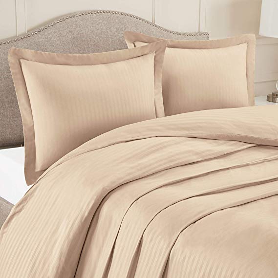 Nestl Bedding Duvet Cover 3 Piece Set – Ultra Soft Double Brushed Microfiber Bedding – Damask Dobby Stripe Comforter Cover and 2 Pillow Shams - Full/Queen 90” x 90” - Taupe Sand