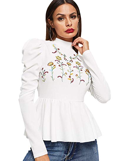 Romwe Women's Elegant Puff Long Sleeve Embroidered Floral Ruffle Hem Peplum Top