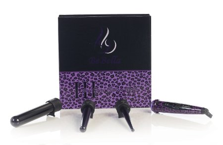 Bebella 3p 3 in 1 Professional Clipless Hair Curler Curling Iron System with 3 Interchangeable Tourmaline Barrels with Heat Resistant Glove (Purple Leopard))