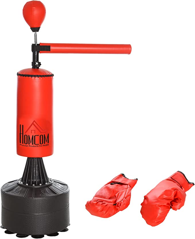 HOMCOM Saco de Boxeo de Pie con Bola de Velocidad y Barra Giratoria de 360° Punching Ball para Adultos y Niños 88x48x155-205 cm Negro y Rojo