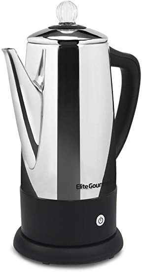 Elite Gourmet EC-120 Electric 12-Cup Coffee Percolator with Keep Warm, Clear Brew Progress Knob Cool-Touch Handle Cord-less Serve, Stainless Steel