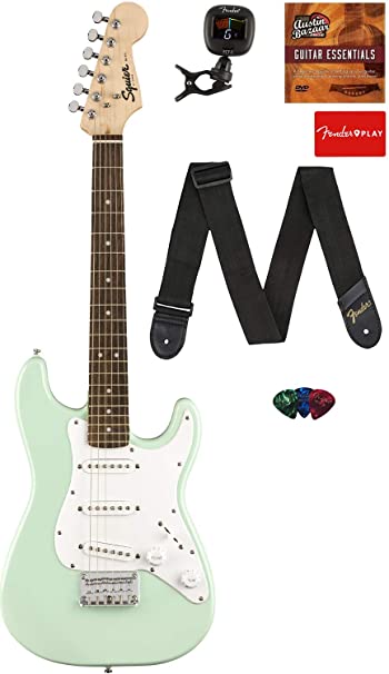 Fender Squier 3/4 Size Kids Mini Strat Electric Guitar - Surf Green Bundle with Tuner, Strap, Picks, Fender Play Online Lessons, and Austin Bazaar Instructional DVD