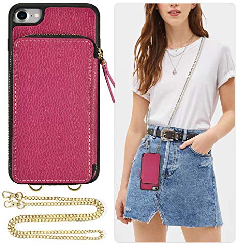 iPhone 8 Zipper Case, ZVE iPhone 7 Wallet Case with Credit Card Holder Crossbody Chain Shockproof Protective Leather Bumper Cover Compatible with Apple iPhone 7/8, 4.7 inch - Rose Purple