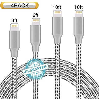 DANTENG Phone Charger 4Pack 3FT 6FT 10FT 10FT Nylon Braided Charging Cables USB Charger Cord, Compatible with Phone Xs MAX XR X 8 8Plus 7 6 6 Plus 5S SE Pad Pod Nano-Grey