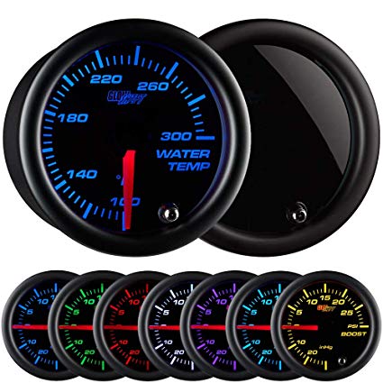 GlowShift Tinted 7 Color 300 F Water Coolant Temperature Gauge Kit - Includes Electronic Sensor - Black Dial - Smoked Lens - For Car & Truck - 2-1/16"
