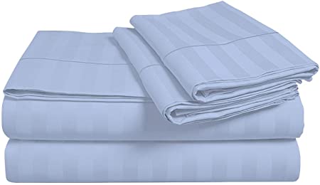London Home PS Linen & Bedding Full Size 300 Thread Count 100% Egyptian Cotton Stripe Sheet Set -Light Blue