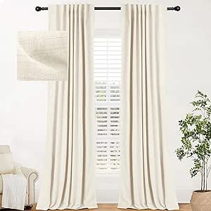 INOVADAY 100% Black Out Curtains 90 Inch Long 2 Panels Set, Back Tab/Rod Pocket Linen Blackout Curtains for Bedroom, Thermal Insulated Room Darkening Drapes for Living Room, 52''W x 90''L, Cream