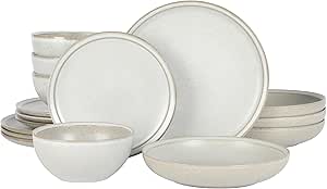 Gibson Elite Beckett Stoneware Matte Reactive Glaze 16 Piece (Service for 4) Plates and Bowls Dinnerware Set - Linen White