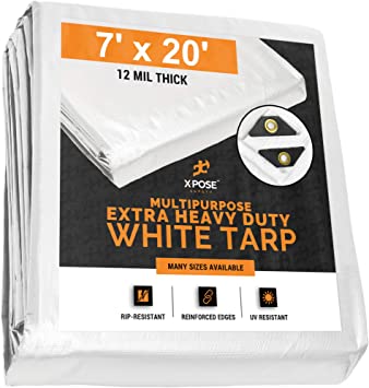 Heavy Duty White Poly Tarp 7' x 20' Multipurpose Protective Cover - Durable, Waterproof, Weather Proof, Rip and Tear Resistant - Extra Thick 12 Mil Polyethylene - by Xpose Safety