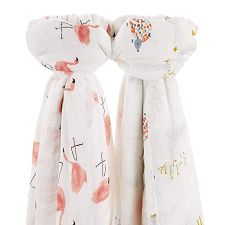Babebay Baby Swaddle Blanket, Unisex Bamboo Muslin Swaddle Blankets, Soft Silky Swaddling Blankets Wrap for Boys and Girls,Large 47 x 47 inches, Set of 2 - Cute Flamingo Theme