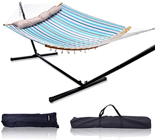 Ohuhu Double Hammock with Stand 55" x 75" Quilted Fabric Hammock Swing with Strong Bamboo Curved-Bar & Pillow Stable Detachable 12.8 FT Metal Stand Bonus 2 Carrying Bags, Ideal Gift Present for Birthday Parents Family, Blue & White Strip