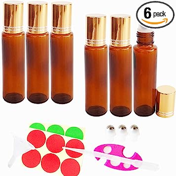 GreatforU 6pack 15ml Amber Empty Glass Roller Bottles for Makeup Essential Oil Perfume Blends, Portable Travel Size, FREE 3ml Dropper, Mini Funnel, Key Opener, Extra 3 Metal Roll-on Balls, 12 Labels