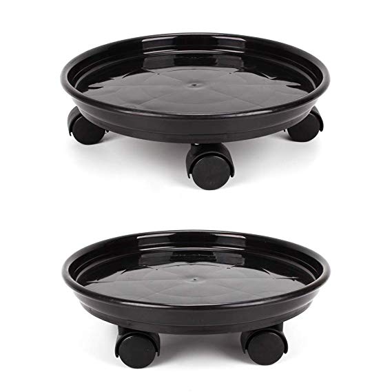 Plant Caddy Heavy Duty Iron Potted Plant Stand with Wheels Round Flower Pot Rack on Rollers Dolly Holder on Wheels Indoor Outdoor Planter Trolley Casters Rolling Tray Coaster Black (2 Pack)