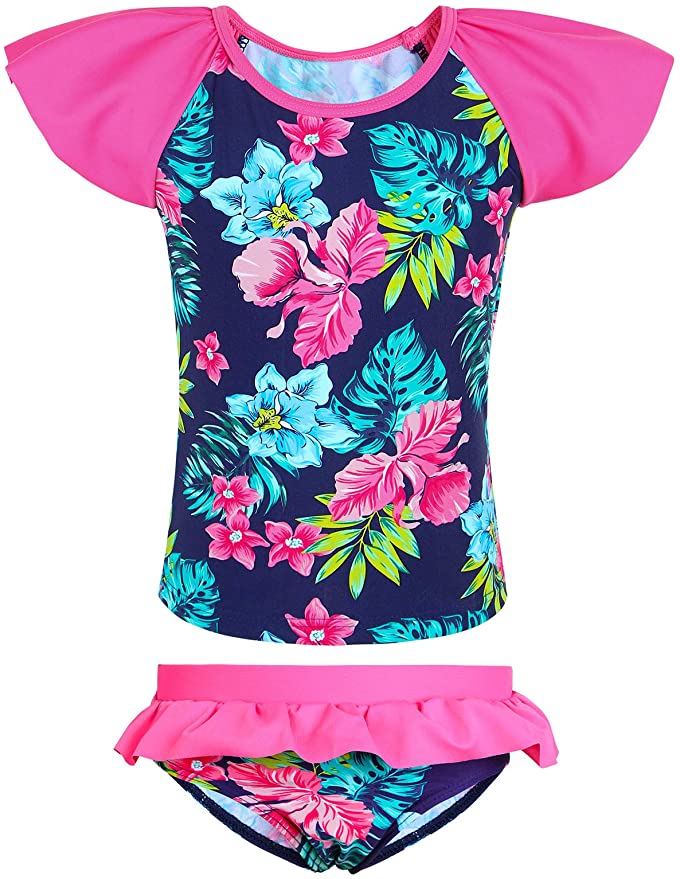 TFJH E Girls Swimsuits 2PCS Kids Bathing Suits UV 50  Tankini Rashguard Set Ruffle Skirt 3-12Y