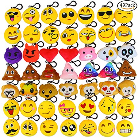 Dreampark Emoji Keychain Mini Cute Plush Pillows, Key chain Decorations, Kids Party Supplies Favors (49 Pack)