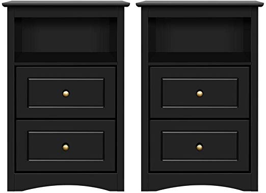 Yaheetech Tall Nightstand Bedside Table End Side Sofa Table with 2 Drawers and Open Shelf - Storage Cabinet Accent Table for Bedroom, Set of 2, Black