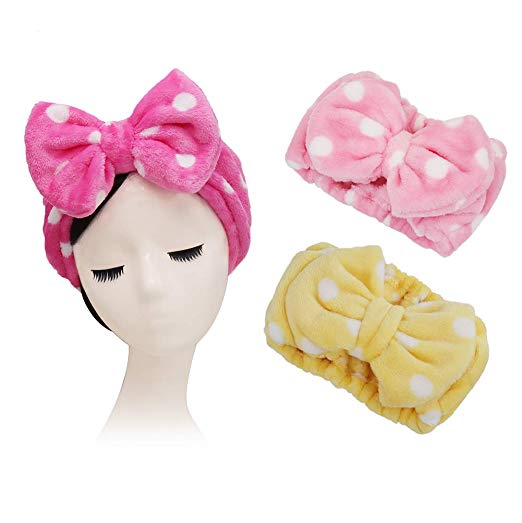 Shintop 3 Pack Flannel Cosmetic Headbands, Bowknot Elastic Hair Band Hairlace for Washing Face Shower Spa Makeup (Pink Polka Dots  Rose Polka Dots  Yellow Polka Dots)