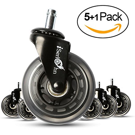 Iserlohn Office Chair Wheels 3 Inch Replacement Rollerblade Style Universal Caster 6 pack(5 Pack 1), Safe for Floors Including Hardwood and Carpet, Standard Stem Size Easy Installation