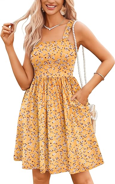 Hotouch Women's Summer Dress Floral Square Neck Sleeveless Casual Dress with Pockets A-line Swing Mini Dresses Sundress