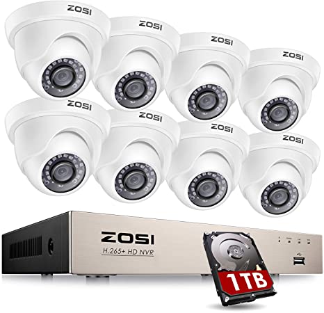 ZOSI 8CH PoE Home Security Camera System with Hard Drive 1TB,H.265  8-Channel 5MP 2K  CCTV NVR,8pcs Wired 1080P 2MP Outdoor Indoor PoE IP Dome Cameras with Night Vision, Motion Alert, Remote Access