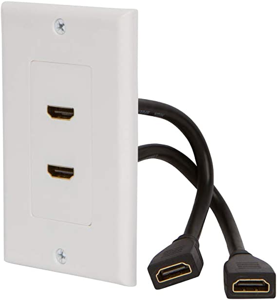 Buyer's Point HDMI Wall Plate [UL Listed] (2 Port) Insert 6-Inch Built-in Flexible Hi-Speed HDMI Cable with Ethernet- Decora Style Pigtail Jack/Plug for Dual Outlet Port (White 2 Port)