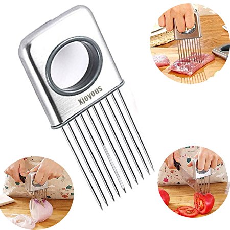 Xjoyous Onion Holder Vegetable Potato Cutter Slicer Gadget Stainless Steel Fork Slicing Odor Remover Kitchen Tool Aid Gadget Cutting Chopper (Stainless Steel)