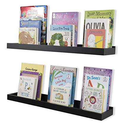 Wallniture Nursery Room Decor - Floating Book Shelves for Kids Room - 31 Inch Picture Ledge - Tray Toy Storage Display Black Set of 2