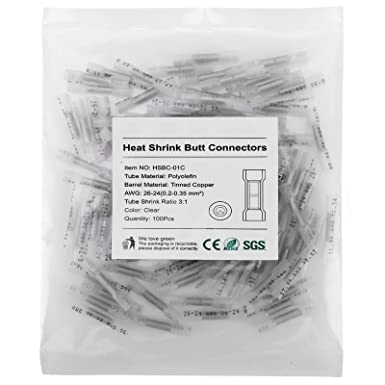 Heat Shrink Butt Connectors, 100Pcs 26-24 AWG Clear Insulated Waterproof Electrical Wire Connectors Automotive Marine Grade Wire Crimp Terminals Butt Splices, Ideal for Boat, Truck, Stereo - Clear