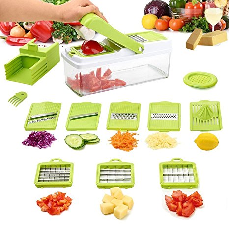 Mandoline 10 in 1 food slicer chopper, food container, all in one vegetable cutter -vegetable slicer- fruit and cheese chopper,granulator, muti-function shredder (Green-F1688)