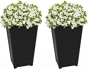 Keter Set of 2 Resin Modern Outdoor 22 Inch Tall Large Flower Pots, Tapered Wood Look Planters for Outdoor Plants and Front Porch Decor, Graphite