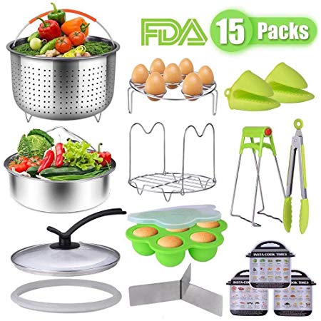 CCJK 15 Pieces Instant Pot Accessories Set, Pressure Cooker Accessories Compatible with Instant 6 Qt - 304 Stainless Steel Steamer Basket,Egg Bites Mold,Steaming Rack,Glass Lid,Kitchen Tong and More
