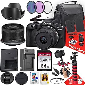 Canon EOS R50 Mirrorless Camera with RF-S 18-45mm f/4.5-6.3 is STM Lens   64 GB Memory   Hood   Extra Battery   Battery Charger   Filters   More (25pc Bundle), Black