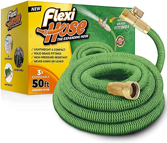 Flexi Hose Lightweight Expandable Garden Hose, Ultimate No-Kink Flexibility - Extra Strength with 3/4 Inch Solid Brass Fittings & Double Latex Core, Rot, Crack, Leak Resistant (50ft)