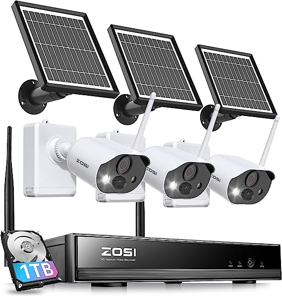 ZOSI C306PK 8CH 2K 3MP Solar Powered Wireless Security Camera System, 3 x Outdoor Battery Camera with Color Night Vision, Spotlight, 2-Way Talk, Light & Siren Alarm, 1TB HDD for 24/7 Recording