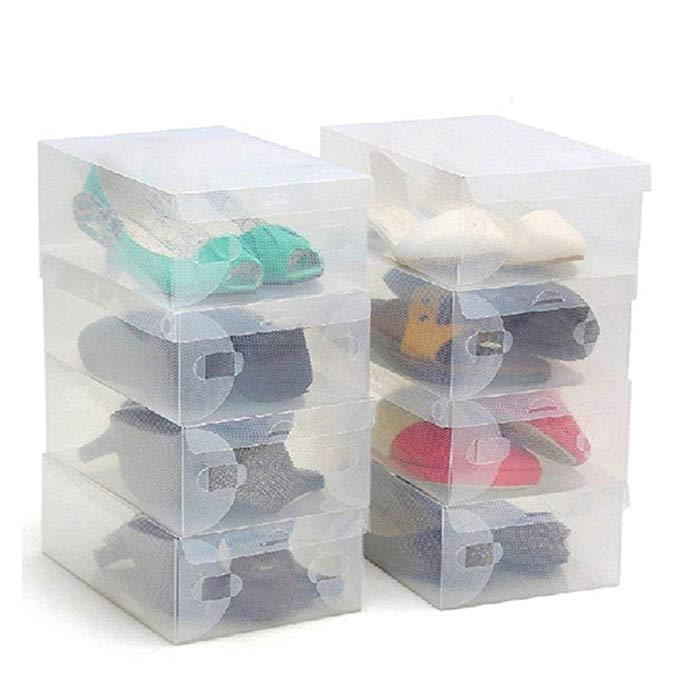 Kurtzy Shoe Storage Box 10 Pack - Clear Corrugated Plastic Shoe Boxes - Large Collapsible Stackable Foldable Boxes - Waterproof Shoe Organizer Can Fit Small, Large and Medium Shoes - Ideal for Travel