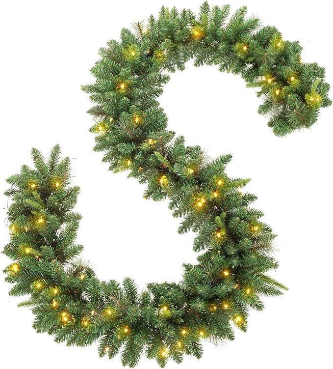 KING BIRD 9 FT by 12 Inch Christmas Garland, Pre-lit Garland with 50 Warm Lights, Classic Green Christmas Garland with 300 Branch Tips for Indoor and Outdoor Decoration