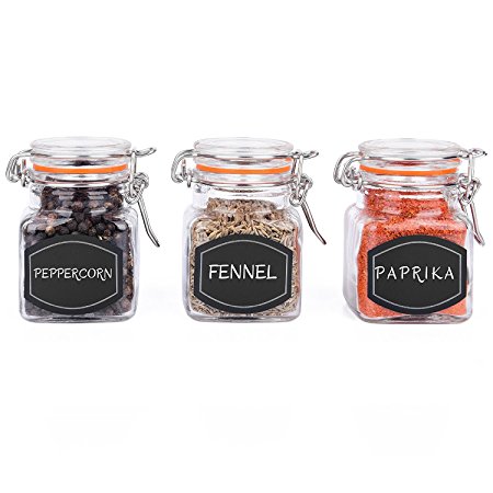 Ultimate Hostess 12 Glass Spice Jars with Spice Labels and Chalkboard Pen. Complete Set: 12 Square Glass Jars 3.4 ounce, Airtight Flip Top Bottles