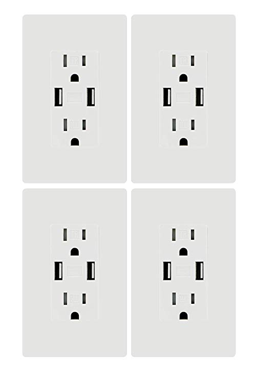 USB Charger Wall Outlet Dual High Speed Duplex Receptacle 15 Amp, Smart 4.8A Quick Charging Capability, Tamper Resistant Outlet Wall plate Included UL Listed White MICMI C48 (4.8A USB outlet 4pack)