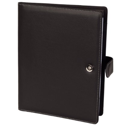 eFolio(TM) Genuine Pebble Grain Leather Business or Student Portfolio Padfolio with Replaceable Notepad, Document Holder, Card Holder, Pen Holder and Snap Closure, Black