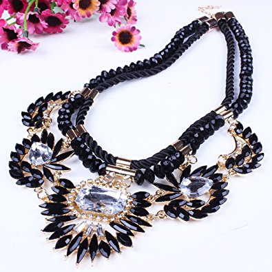 18K Gold Resin Bead Leather Rope Flower Statement Rhinestone Bib Choker Necklace