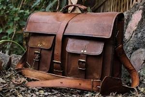 handolederco. 18" Inches Classic Adult Unisex Cross Shoulder 100% Genuine Leather Messenger Laptop Briefcase Bag Satchel Brown