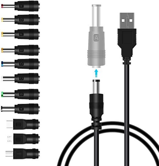 LANMU USB to DC Power Cable,11 in 1 Universal 5V DC Jack Charging Cable Power Cord with 8 Interchangeable Plugs Connectors Adapter Compatible with Router,Mini Fan,Speaker and More Devices