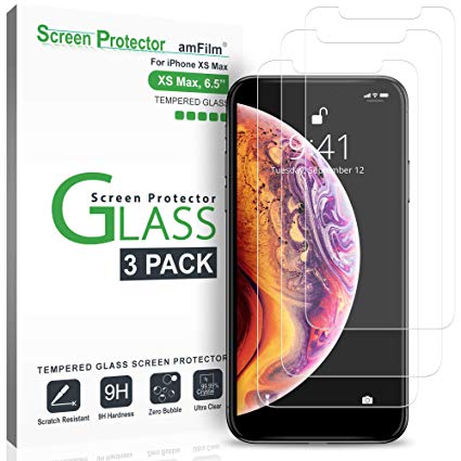 amFilm Screen Protector for iPhone Xs Max, Tempered Glass Screen Protector with Easy Installation Tray for Apple iPhone Xs Max (3 Pack)