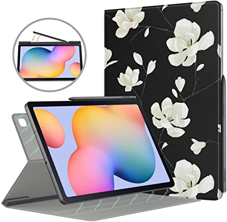 MoKo Case Compatible with Galaxy Tab S6 Lite 2020, Ultra-Slim Smart Folio Shell Cover Magnetic Absorption Case Fit Samsung Galaxy Tab S6 Lite 10.4 2020 SM-P610/P615 ONLY - Black & White Magnolia