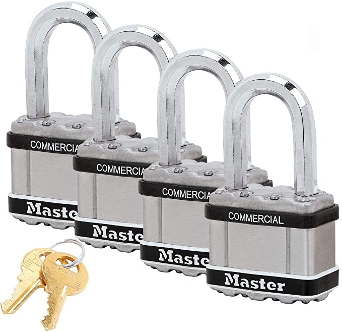 Master Lock Magnum Padlocks - 2" W x 1-1/2"L Shackle, Four (4) Keyed Alike Locks #M5NKALFSTS-4 w/BumpStop Technology