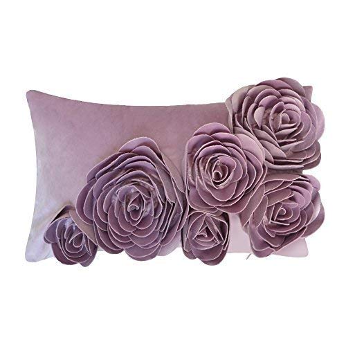JWH 3D Handmade Accent Pillow Cases Rose Flowers Cushion Covers Velvet Decorative Pillowcases Home Sofa Car Bed Living Room Office Chair Decor Pillowslips Rectangular Gifts 12 x 20 Inch Purple
