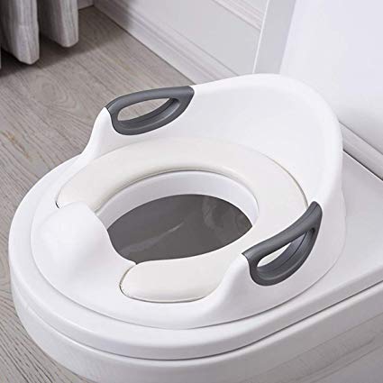 Baby Toilet with Handle Potty Training Seat Comfortable PU Soft Seat,Toddler Toilet Training Seat with Sturdy Non-Slip Cushion Potty Trainer for Boys Girls Baby (White Seat)