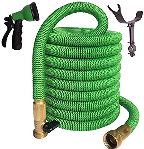 TruTec Expandable Garden Hose | Heavy Duty Nylon Cover | Triple Layer Latex Core | Flexible Expanding Hose | ¾ Brass Shut Off Valve | 8-Way Nozzle | Pat. Stainless Steel Holder (50, Green)