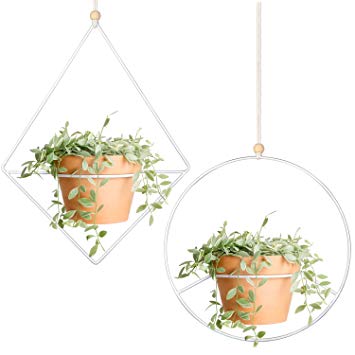 Mkono 2 Pcs Plant Hanger - A Diamond & A Circle Shape, Metal Hanging Planter Modern Home Decor, Fits Large 6 Inch Planter (Flower Pot NOT Included)