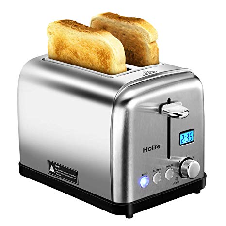 Holife 2 Slice Toaster Stainless Steel with with 6 Bread Shade Settings Bagel/Defrost/Reheat/Cancel Function, Extra Wide Slots, Removable Crumb Tray, 900W, Silver